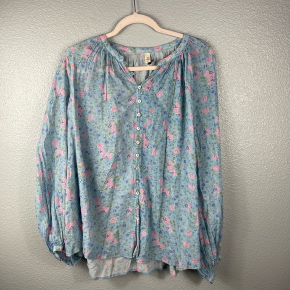 Spell Free People Dolly Long Sleeve Button Up Blouse Blue Floral Womens M Flowy - Picture 5 of 11